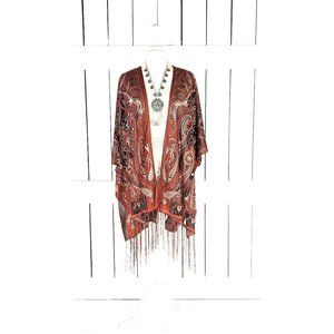 Brown paisley sheer stretch jersey burnout kimono cardigan jacket cover up